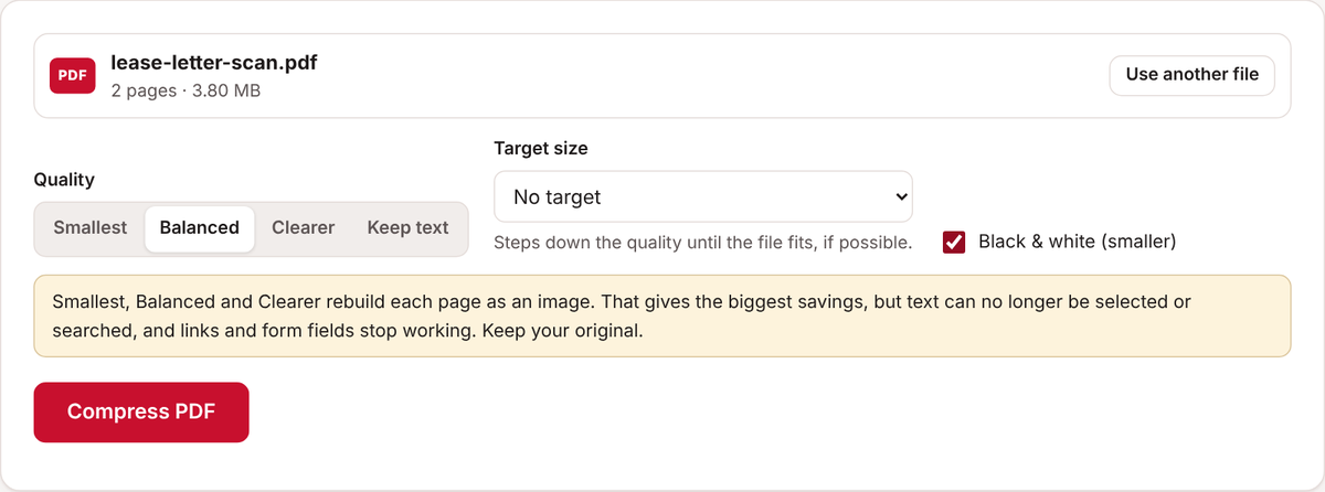 Compress PDF with a 2-page, 3.8 MB scanned letter loaded, Balanced quality and Black & white ticked