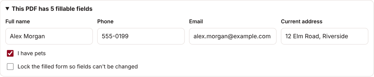 Fill & Sign PDF listing a form's five fields, filled in
