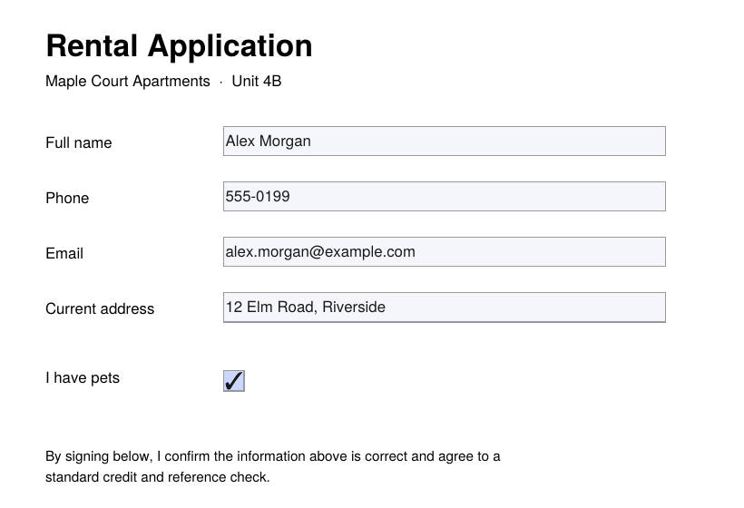 The saved rental application with every field filled in