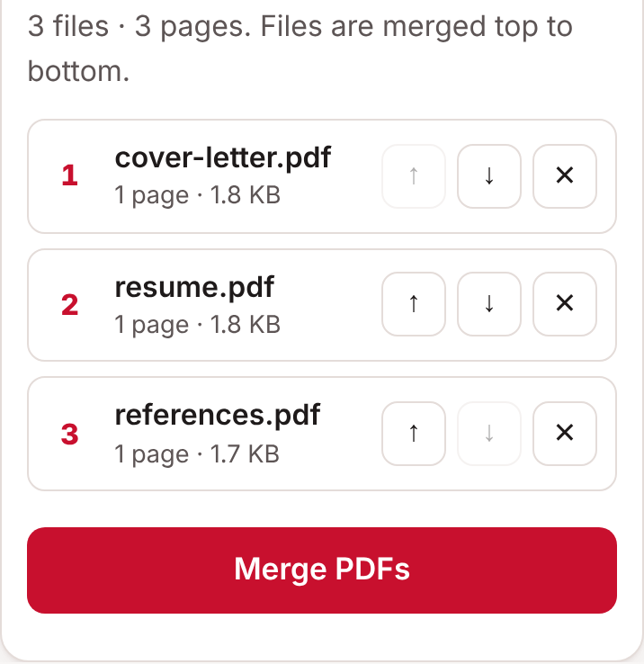 Three PDFs in Merge PDFs on iPhone, in order