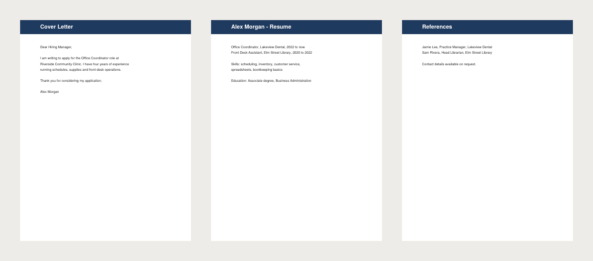 The three pages of the combined PDF side by side