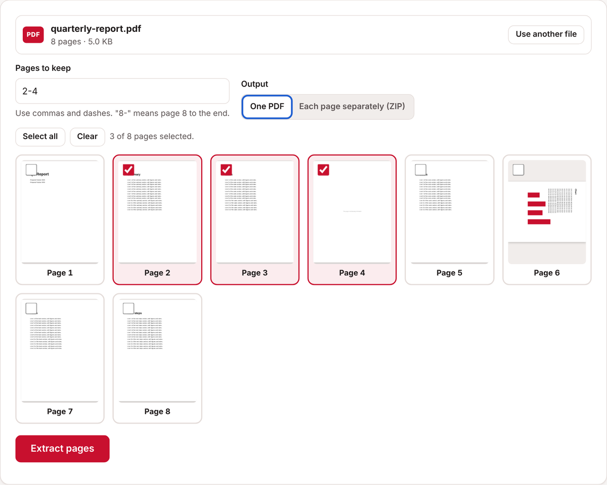 Extract & split pages with an 8-page report loaded and pages 2 to 4 selected